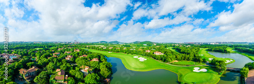 Aerial view of a beautiful green golf course in Shanghai,panoramic view.