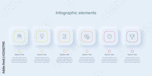 Business process chart infographics with 6 steps in neumorphism design. Square corporate workflow graphic elements. Company flowchart presentation slide template. Vector info graphic.