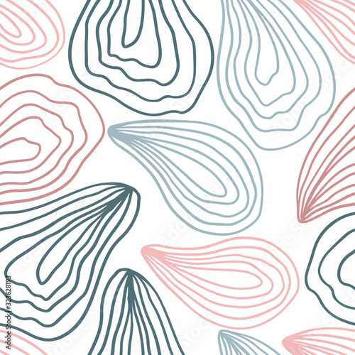Minimalistic seamless pattern of oysters. Vector hand drawn illustration of a mollusk in pastel colors. A simple background is ideal for printing, textiles, fabric, wallpaper, wrapping paper