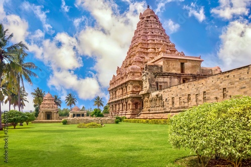 The large and beautiful Gangaikonda Cholapuram Temple, dedicated to Lord Shiva, with its landscaped tropical grounds, in Tanjore, Tamil Nadu, India. photo