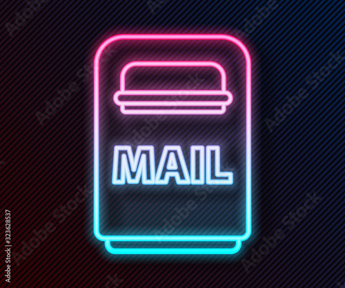 Glowing neon line Mail box icon isolated on black background. Mailbox icon. Mail postbox on pole with flag. Vector Illustration
