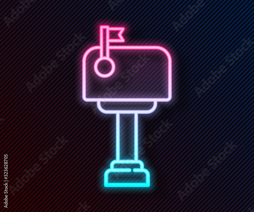 Glowing neon line Mail box icon isolated on black background. Mailbox icon. Mail postbox on pole with flag. Vector Illustration