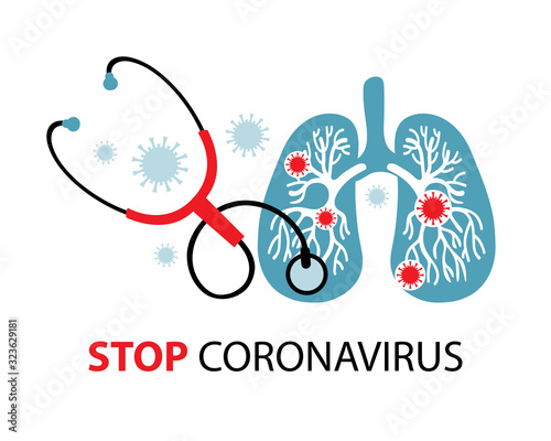 Coronavirus in China. Novel coronavirus 2019-nCoV. Virus quarantine. MERS-Cov middle East respiratory syndrome. The stethoscope listens to the lungs infected with the virus. Diagnosis of the disease.