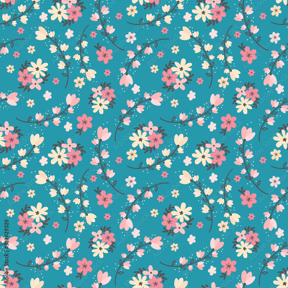 Abstract flower hand drawn vector seamless pattern. Blooming pink and yellow flowers and leaves botanical background, backdrop. Garden blossoms texture. Floral retro textile, fabric, wrapping paper.