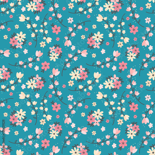 Wallpaper Mural Abstract flower hand drawn vector seamless pattern. Blooming pink and yellow flowers and leaves botanical background, backdrop. Garden blossoms texture. Floral retro textile, fabric, wrapping paper. Torontodigital.ca