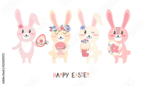 Cute Bunnies with Easter cake and egg. Horizontal greeting card or banner in Scandinavian hand drawn style. Funny little cartoon rabbit. Happy Easter. Flat vector illustration. Holiday decoration.