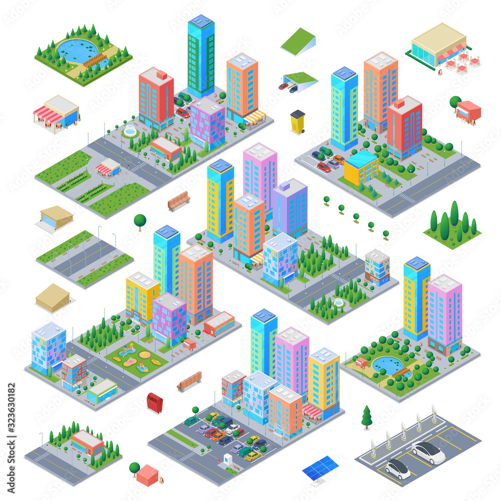 Isometric city scene generator creator vector design objects illustration. Condominium skyscrapers apartment houses buildings cafe lake cars vehicles street objects collection