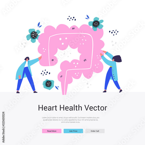Intestine health landing page. Rectum vector flat hand drawn illustration with two health care professional. Preventing cancer cartoon character design. Web design for medical scientist organization