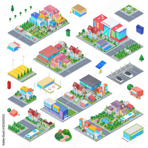 Countryside Cottage Isometric scene generator city creator vector design objects illustration. Private residence villa shopping mall school kindergarten buildings cafe cars street objects collection.