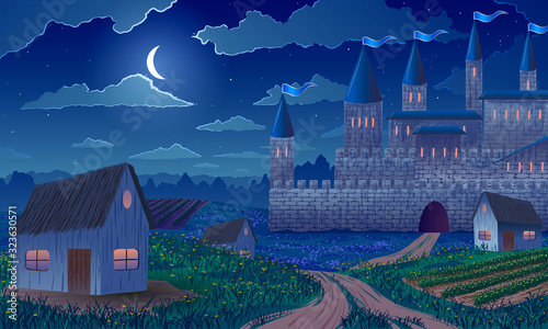 Vector illustration. Medieval castle with agricultural fields and village among rural landscape at night.