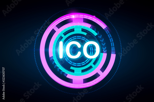 Initial coin offering icon on dark background. ICO blockchain investment concept. 3d rendering