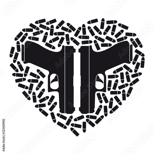 Vector black icon heart made up of two weapons and scattered bullets. Isolated on white background.