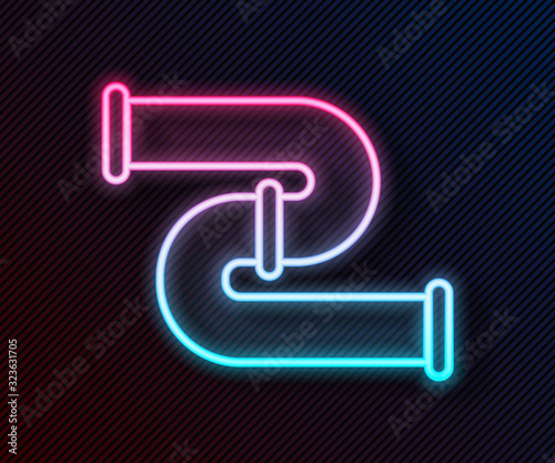 Glowing neon line Industry metallic pipe icon isolated on black background. Plumbing pipeline parts of different shapes. Vector Illustration