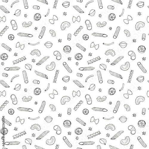 Hand drawn sketch illustration seamless pattern background with Pasta - Penne  Canneroni  Tortiglioni  Conchiglie  Gomiti  Fusilli  Maccheroni  Cannelloni  Farfalle  Stelline  Creste di Gallo isolated