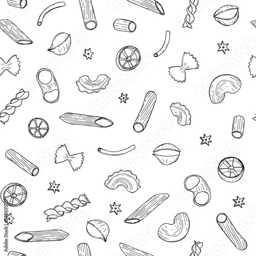 Hand drawn sketch illustration seamless pattern background with Pasta - Penne  Canneroni  Tortiglioni  Conchiglie  Gomiti  Fusilli  Maccheroni  Cannelloni  Farfalle  Stelline  Creste di Gallo isolated