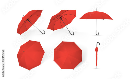 red umbrellas from different sides isolated on white background
