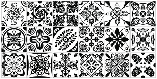 Vector tile pattern, Lisbon floral mosaic, Mediterranean black and white ornament
