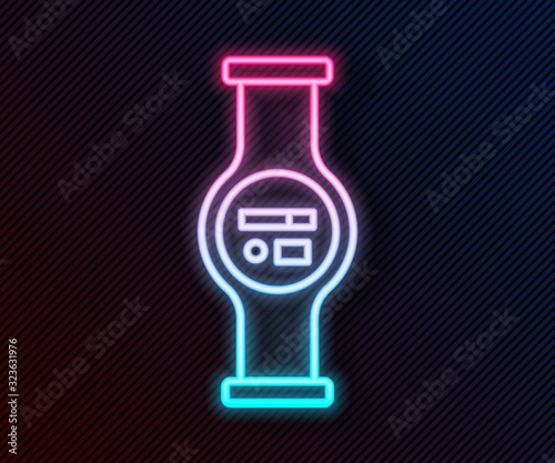 Glowing neon line Water meter with pipeline icon isolated on black background. Vector Illustration