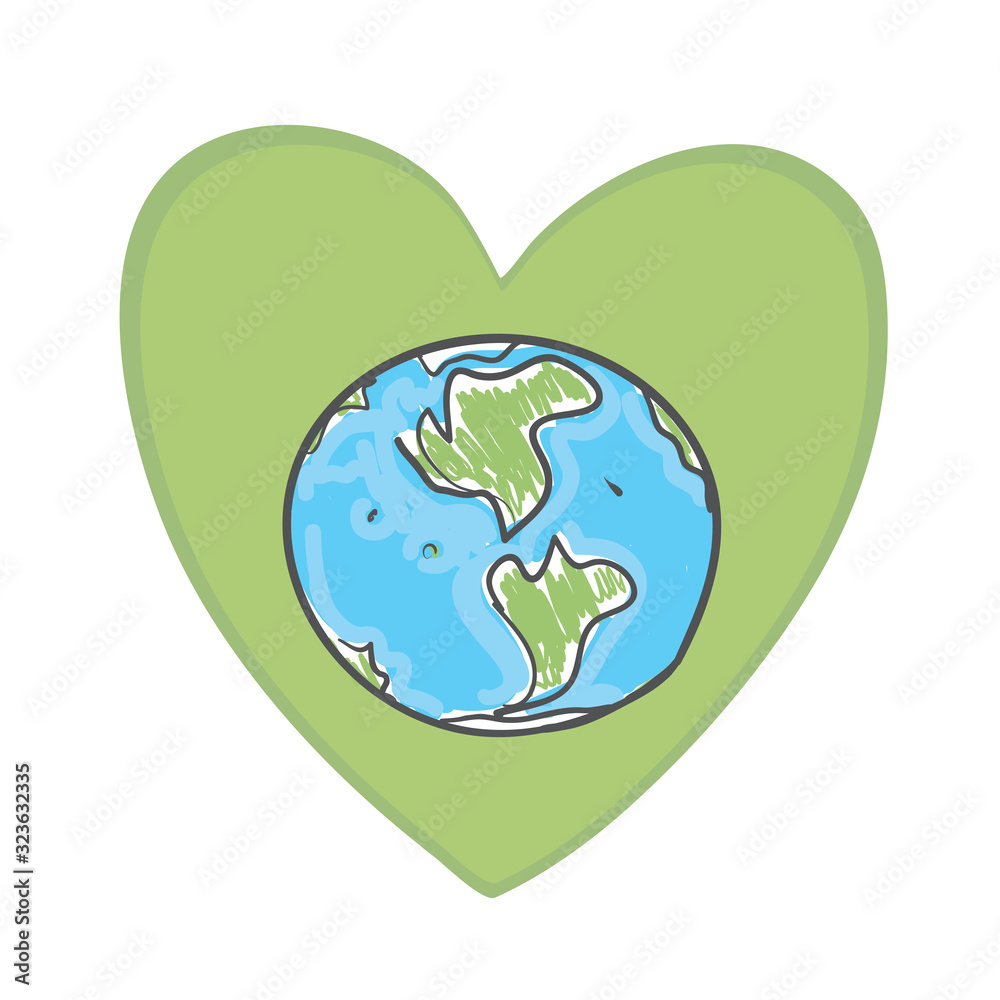 Earth World map. Green silhouettes of continents on a blue background. Green heart. Applicable for Banners, Poster. Ecology, pollution of nature. Vector