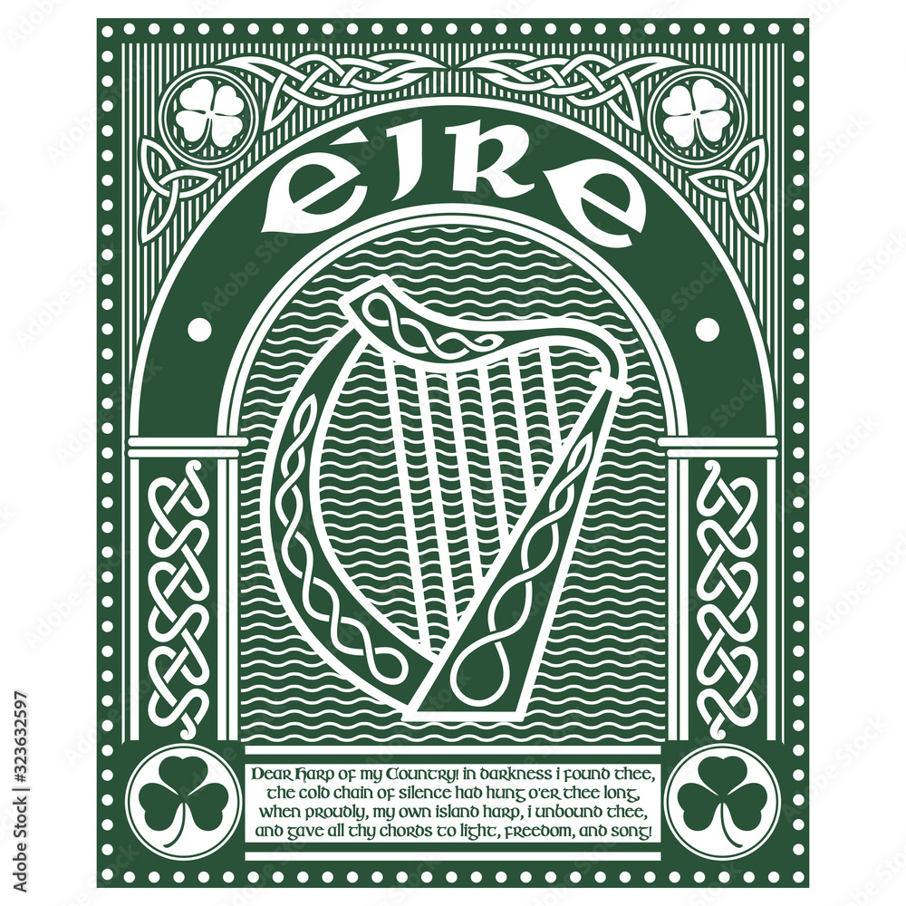 Design with the Ireland Harp musical instrument and poems Dear Harp of My  Country By Thomas Moore in vintage, retro style, illustration on the theme  of St. Patricks day celebration vector de