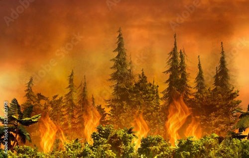 3D render of tropical forest on fire.