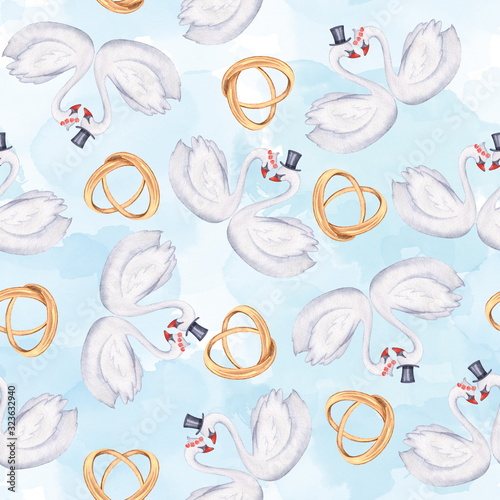 Swans in love. Seamless pattern. Watercolor illustration. Suitable for wedding decoration photo
