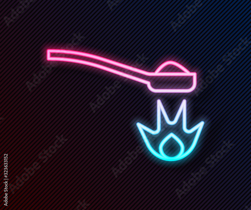 Glowing neon line Heroin in a spoon icon isolated on black background. Concept of drug addiction and dependence from the narcotic. Junkie lifestyle. Vector Illustration