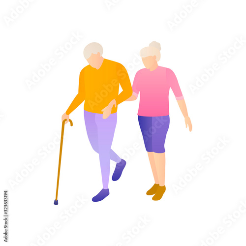 Grey - haired senior citizen walk, flat vector illustration. An elderly man with a cane in his hand and a lame woman together on an isolated background. Pensioners in a nursing home with Alzheimer