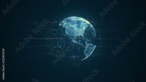 Digital data globe - abstract illustration of a scientific technology data network surrounding planet earth conveying connectivity  complexity and data flood of modern digital age
