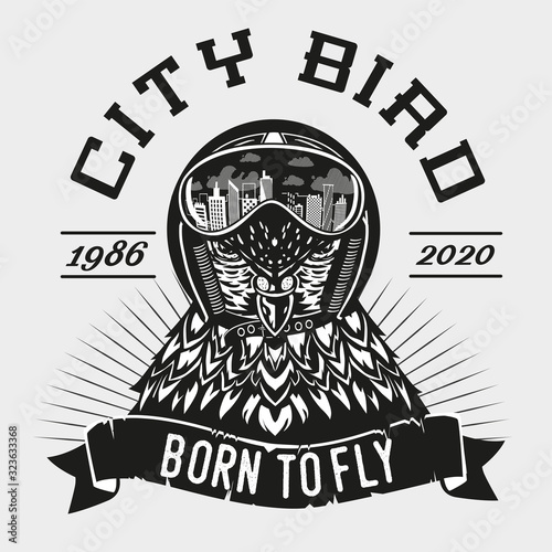 Pigeon vector vintage emblem. Dove head cartoon illustration. Bird with pilot helmet. Tattoo style animal print.