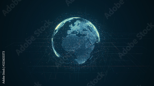 Digital data globe - abstract illustration of a scientific technology data network surrounding planet earth conveying connectivity, complexity and data flood of modern digital age