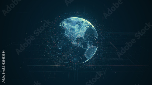 Digital data globe - abstract illustration of a scientific technology data network surrounding planet earth conveying connectivity, complexity and data flood of modern digital age