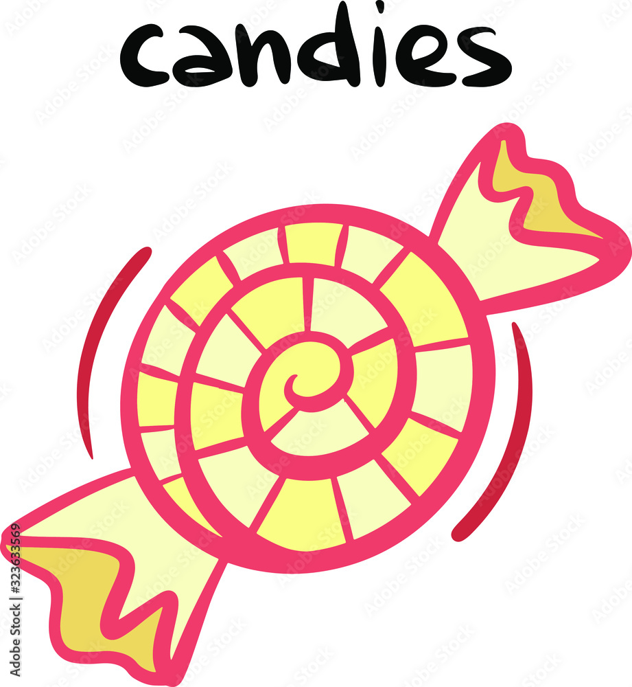 simple minimalistic candies label with the image of a sweet candy pink with yellow with additional cute elements, handwritten, design for packaging, cans, cafes, bakeries, restaurants, bars, menu