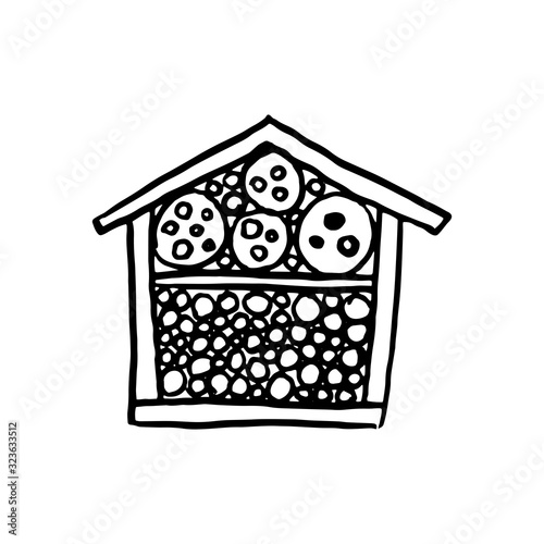 Bee hotel insect butterfly bug house, wooden object produced to mimic the solitary bees natural breeding nests. Doodle by hand black white background. Applicable for Banners Poster. Vector