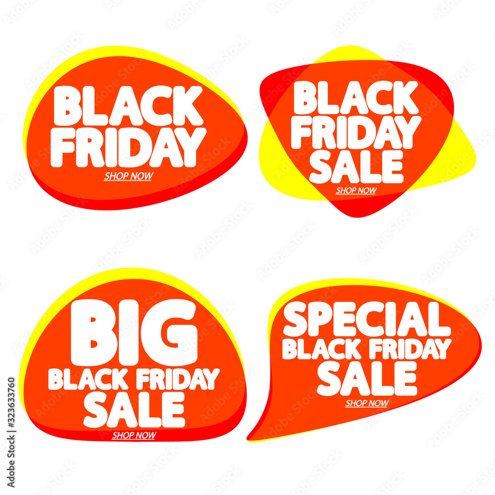 Set Black Friday Sales bubble banners design template, collection discount tags, app icons, vector illustration