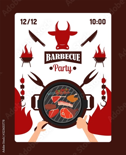 Invitation to barbecue party, grill event announcement, vector illustration. BBQ icons and symbols, holiday cookout poster template. Barbeque party invitation flyer, roasted meat stake, picnic event