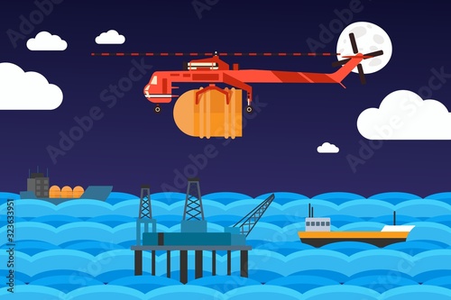 Cargo helicopter carries barrel to offshore oil rig, vector illustration. Industrial aircraft in flat cartoon style, cargo ships in ocean. Offshore oil pump platform, gas supply logistic network