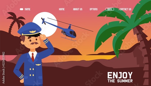 Luxury helicopter transportation service, pilot cartoon character, vector illustration. Summer vacation trip to tropical island, travel agency website design. Charter helicopter flight, luxury trip
