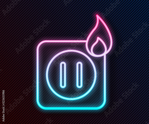 Glowing neon line Electric wiring of socket in fire icon isolated on black background. Electrical safety concept. Plug outlet on fire. Vector Illustration
