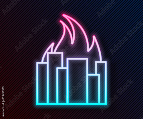 Glowing neon line Fire in burning buildings on city street icon isolated on black background. Destroyed city on fire. Vector Illustration