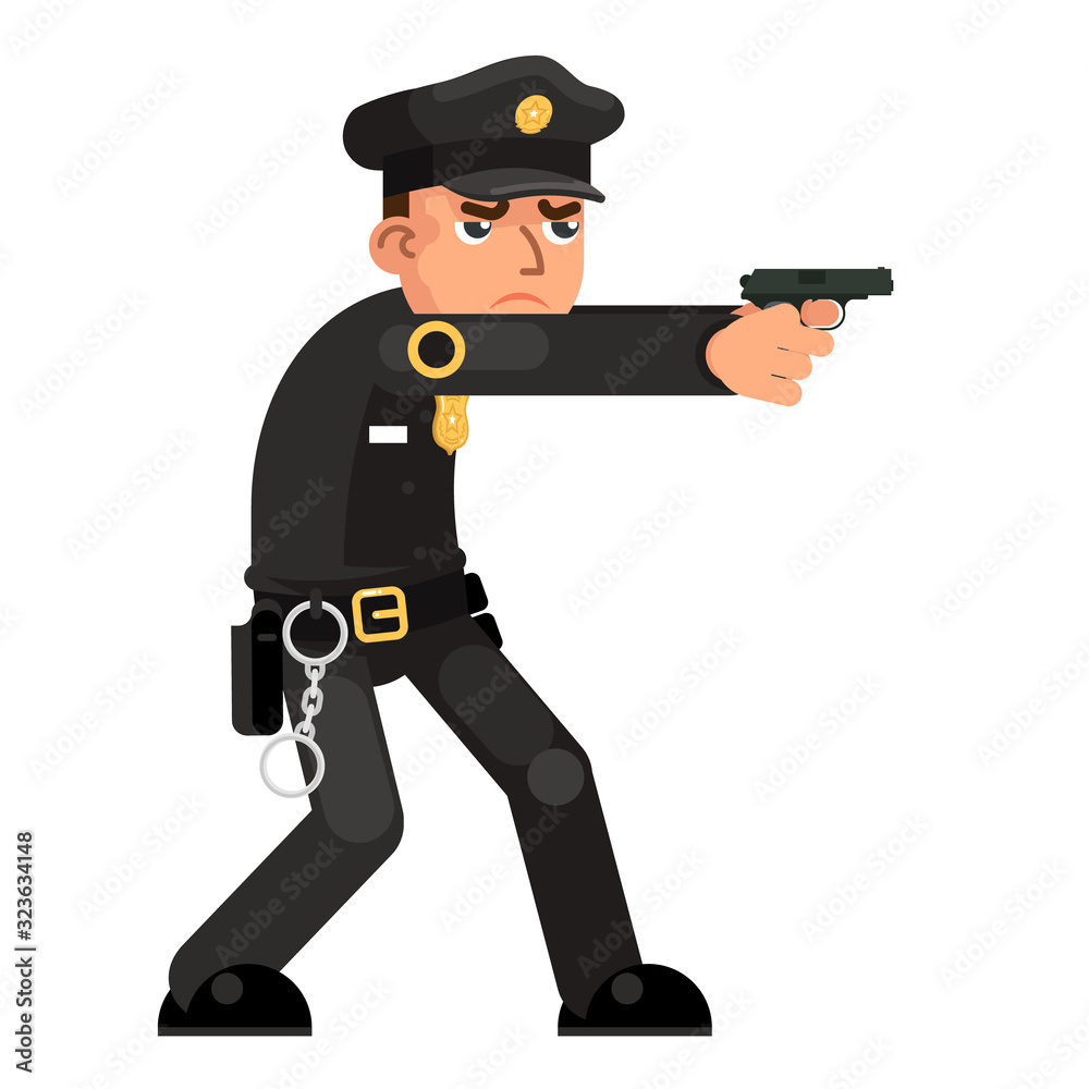 Policeman gun weapon attack shoot character cartoon flat design isolated vector illustration