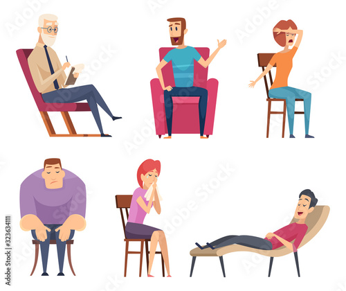 Psychology consultant. Psychotherapy helping consulting male and female persons sitting in sofa and group vector set. Psychotherapy and psychology character illustration © ONYXprj