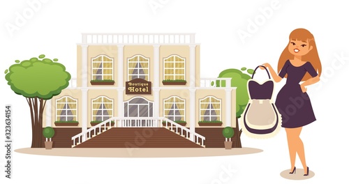 Hotel maid uniform, woman cartoon character, vector illustration. Professional employee of luxury hotel, cleaning service in guesthouse. Smiling woman holding maid uniform, work clothes presentation