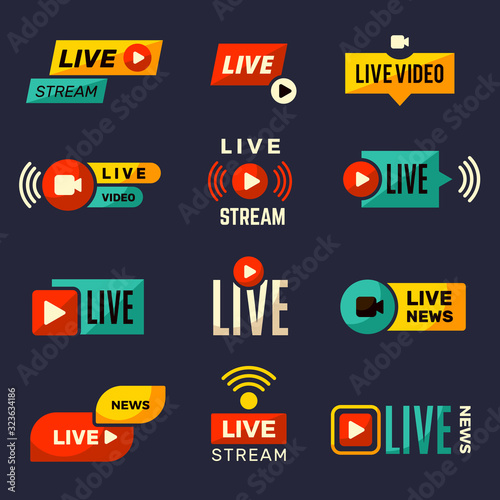 Live stream icon. News or movie broadcasting play tv badges collection vector set. Live news, stream web broadcast, tv media streaming illustration