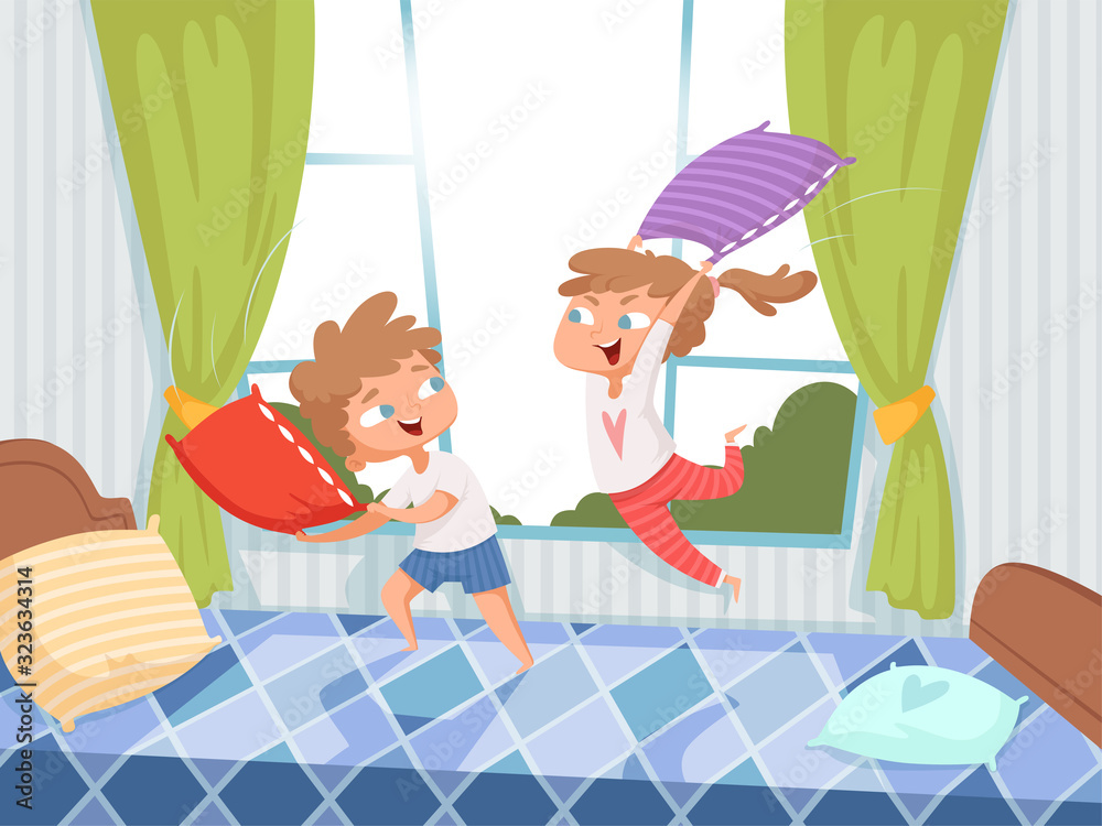 Pillow game. Kids in children room jumping on bed pyjama party funny