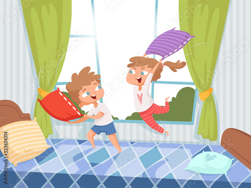 Pillow game. Kids in children room jumping on bed pyjama party funny playful characters with pillows vector background. Game kids sister and brother with pillow illustration