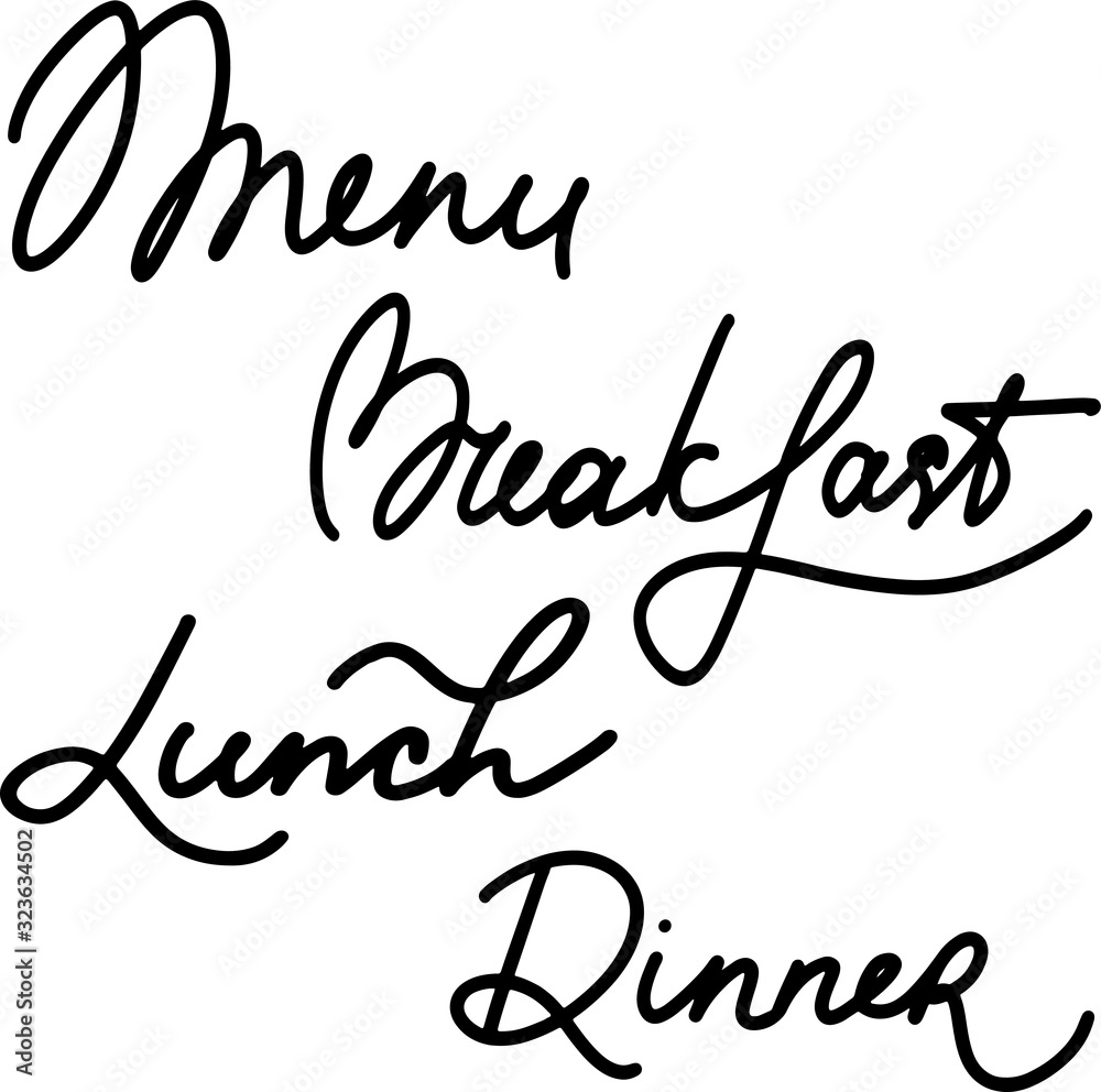 vector set for restaurant, cafe, bar, bakery, black lettering in modern style lettering, handwritten, menu, breakfast, lunch, dinner, use as design, logo, print isolated