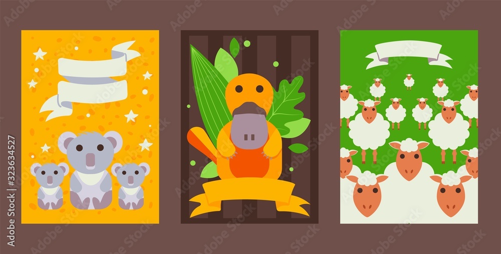 Set of banners with cute Australian animals in flat style, vector ...