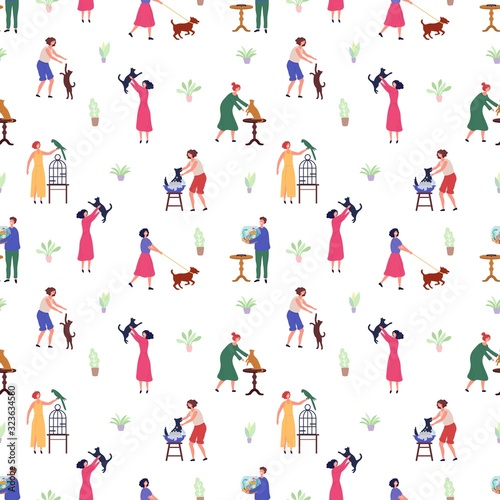 Pet owners. Flat animals and people. Men and women with dogs, parrot and cats. Vector seamless pattern animal and owner, dog and cat illustration
