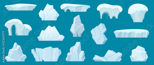 Iceberg. Arctic landscape with cold white ice rocks in the ocean water vector cartoon collection. Arctic ice, cold iceberg, winter mountain illustration